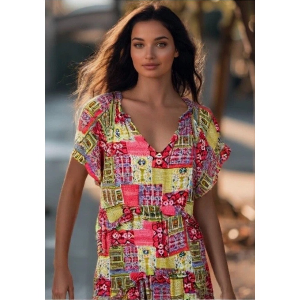 Anthropologie Robin Tiered Dress Size Small Patchwork Ruffle Cap Sleeve Line EUC